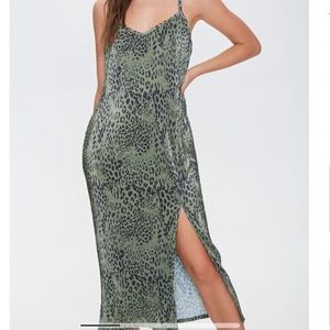 Pleated Olive Green and Navy Blue Leopard Satin Midi Dress